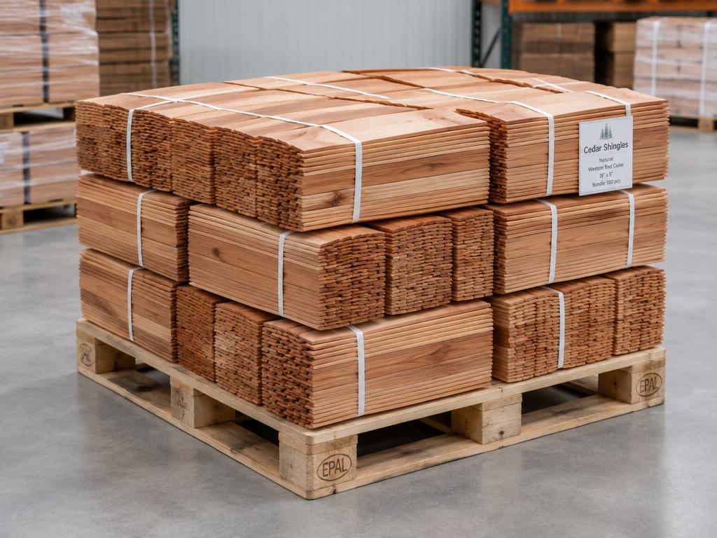 Bundles of cedar shingles on a pallet